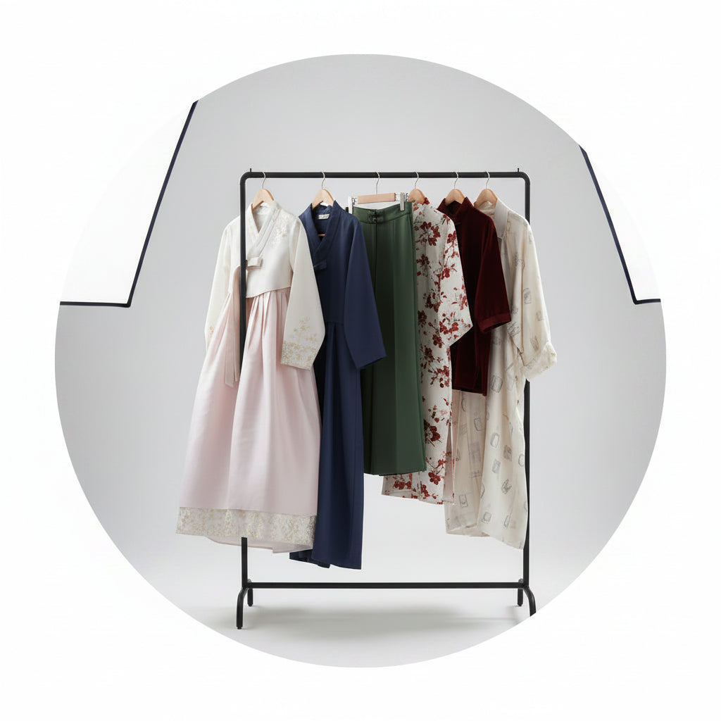 Clothing rack with various garments on a white background